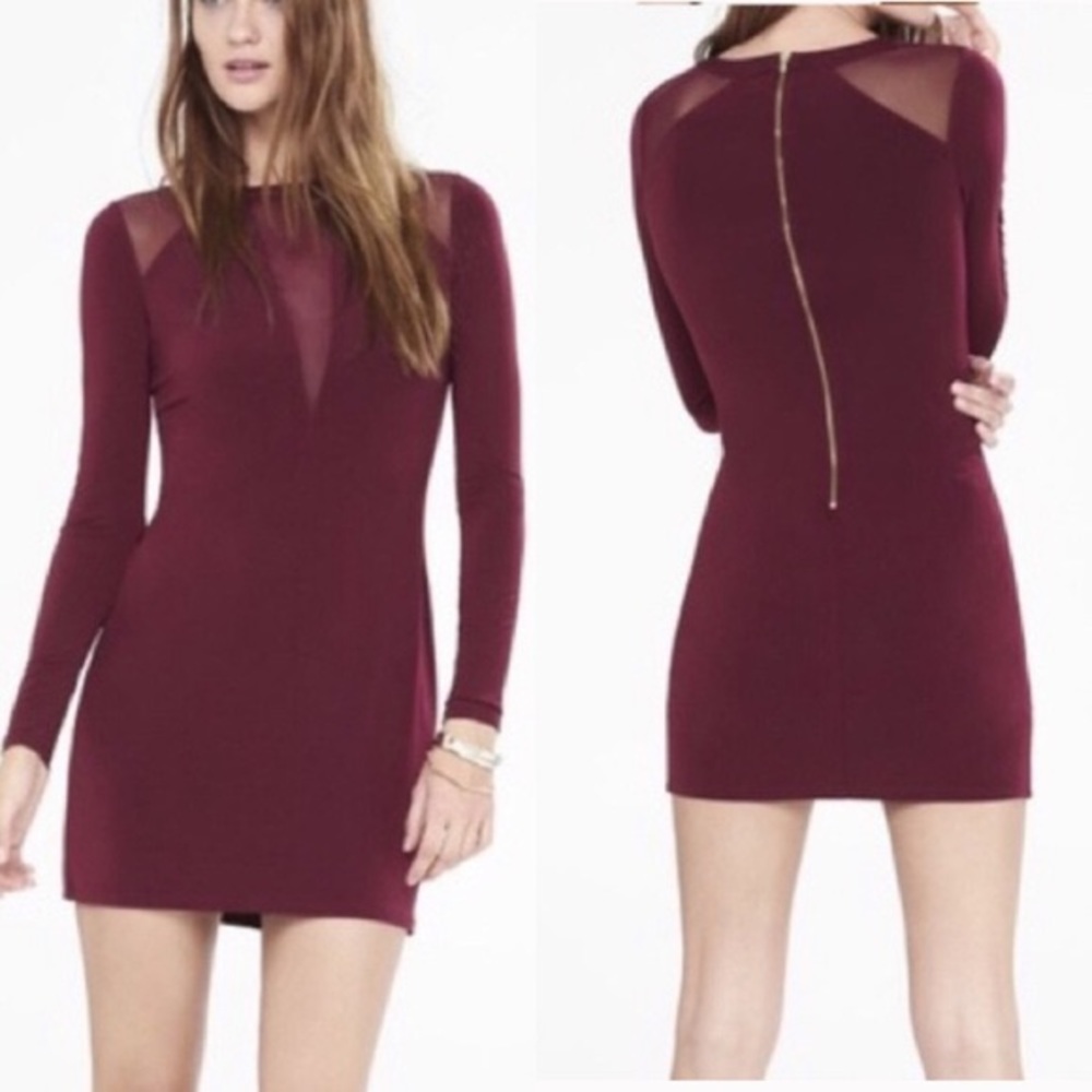 Express Maroon Long Sleeve Mesh Cut Out Dress